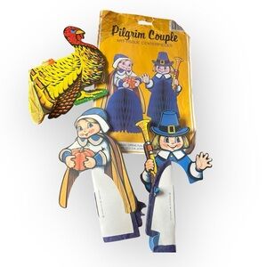 Vintage RARE Pilgrim couple fan out art tissue centerpiece with turkey, 1984